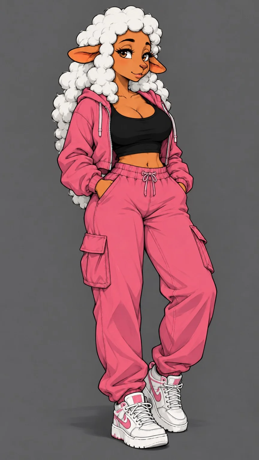 Full-body illustration of Ocie, a sheep wearing a pink tracksuit and high-top sneakers