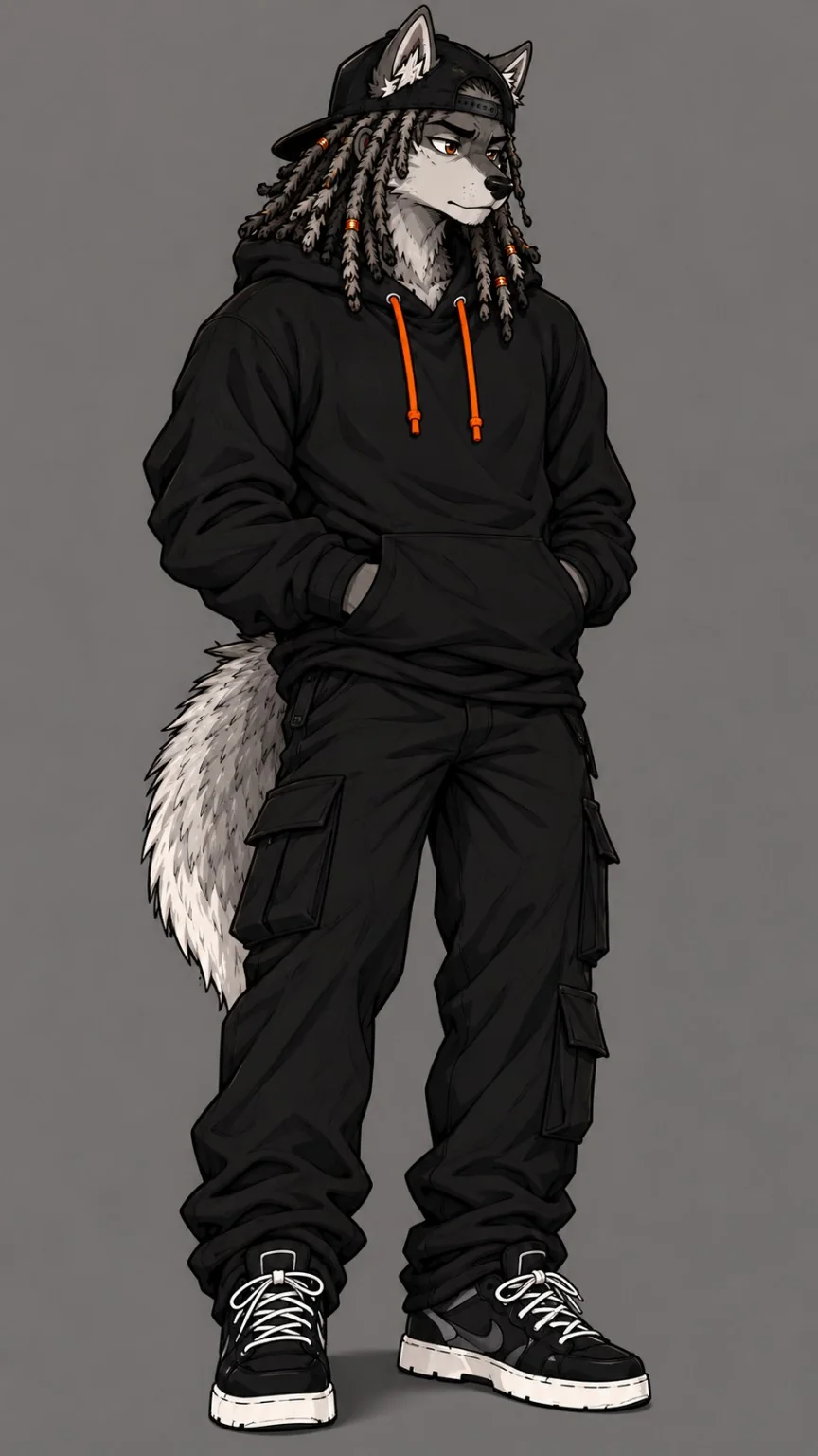 Full-body illustration of Q, a mature gray wolf with black-and-gray locs, dark hoodie, cargo pants, and sneakers