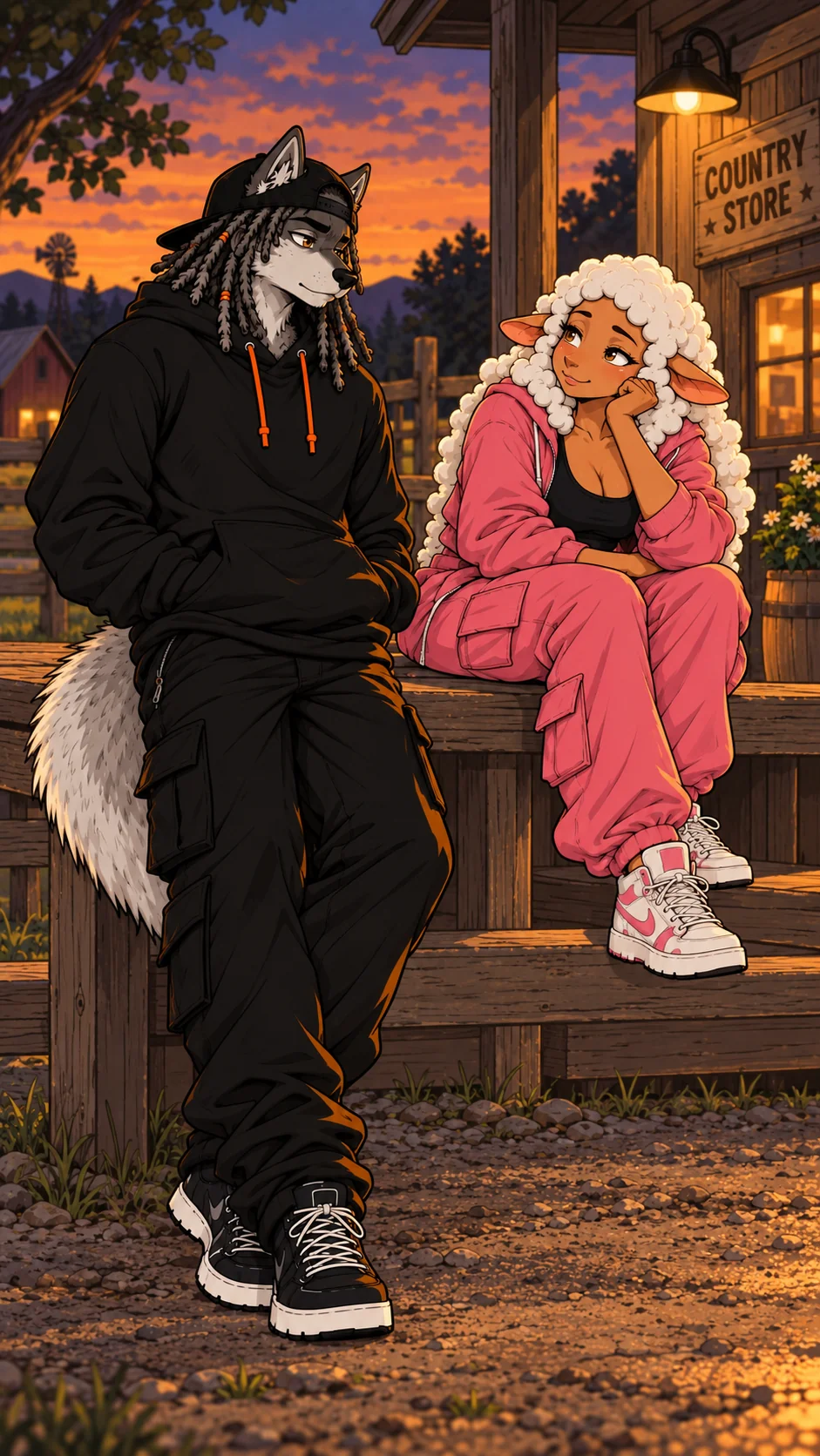 Q and his friend Ocie outside a country store in an atmospheric illustrated evening scene